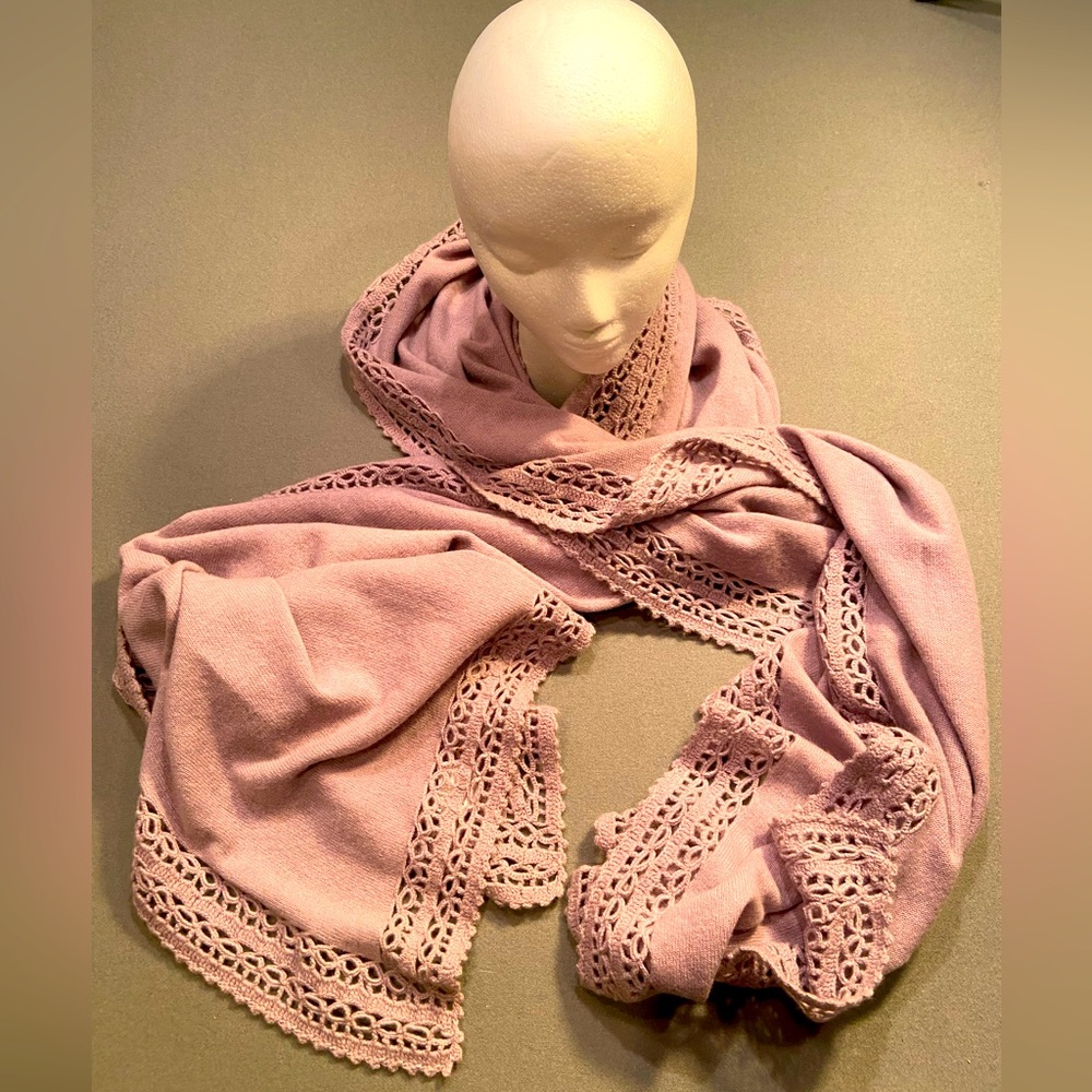 Cashmere Scarf, Shawl, wrap, lavender grey, crochet edges. 91” x 25”
